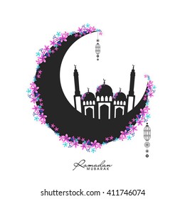 Beautiful flowers decorated, Crescent Moon and Mosque for Islamic Holy Month of Prayers, Ramadan Mubarak celebration.
