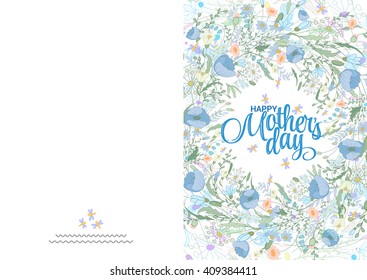 Beautiful flowers decorated greeting card design for Happy Mother's Day celebration. Hand draw cute flowers in blue