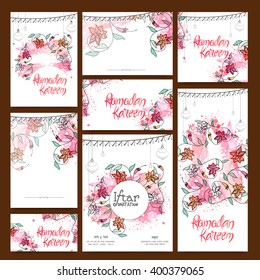 Beautiful flowers decorated, Greeting or Invitation Card set for Ramadan Kareem, Iftar Party celebration.