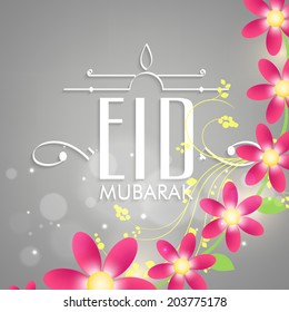 Beautiful flowers decorated grey background for Muslim community festival Eid Mubarak celebrations. 