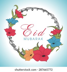 Beautiful flowers decorated rounded frame on shiny sky blue background for Islamic holy festival, Eid Mubarak.