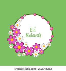 Hermosas flores decoradas con marcos redondeados sobre fondo verde para el festival de la comunidad musulmana, celebración de Eid Mubarak.