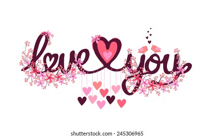 Beautiful flowers decorated text Love You with hearts for Happy Valentines Day celebration.