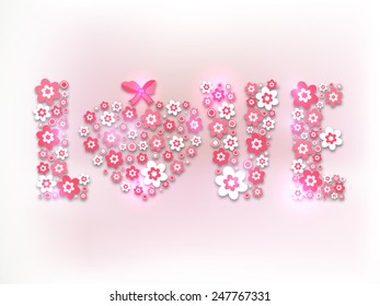 Beautiful flowers decorated text Love with pink ribbon for Happy Valentines Day celebration.