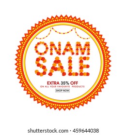 Beautiful flowers decorated text Onam Sale in creative frame, Stylish Poster, Banner or Flyer design for South Indian Festival celebration.