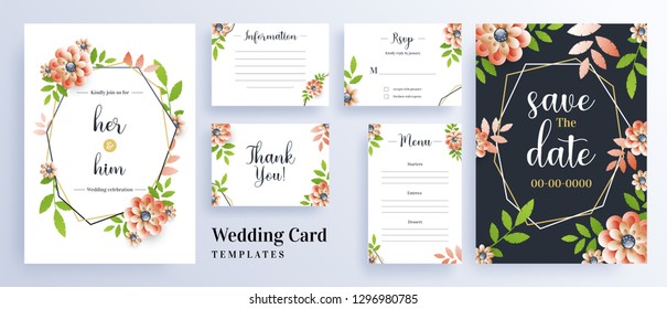 Beautiful flowers decorated wedding invitation card template layout for save the date concept.