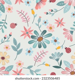 beautiful flowers design with lady bug seamless pattern. This pattern can be used for fabric textile wallpaper.