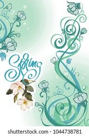 Beautiful flowers in elegant composition. Greeting card with white flowers of Apple trees. Bouquet with watercolor background