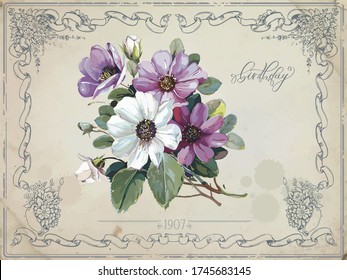 Beautiful flowers elements for postcard. Vector hand drawing elegance floral design in vintage style for print and scrapbook