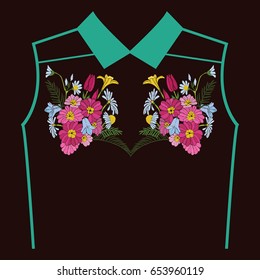 beautiful flowers embroidery for textile design elements. Embroidery ethnic flowers neck line flower design graphics fashion wearing 