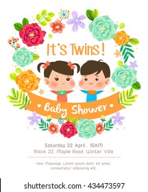 beautiful flowers frame for baby shower invitation card for baby twins