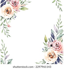 a beautiful flowers frame decoration watercolor border for wedding invitation white background template