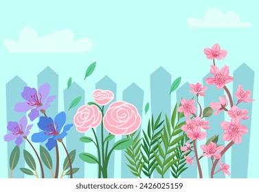 Beautiful flowers in front of fence vector illustration. Ornamental garden design. Gardening, decoration, spring concept