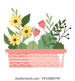 beautiful flowers garden in ceramic pot decoration vector illustration design