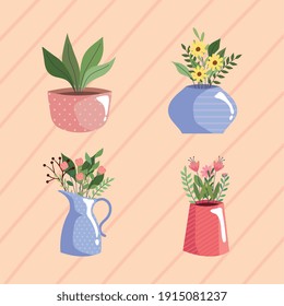 beautiful flowers garden in colors vases vector illustration design