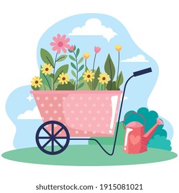 beautiful flowers garden in wheelbarrow landscape scene vector illustration design