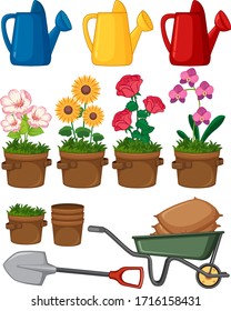 Beautiful flowers and gardening tools on white background illustration