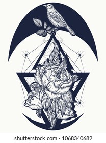 Beautiful flowers in geometrical style, tattoo for women. Rose and birds, tattoo and t-shirt design boho art 