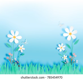 Beautiful flowers with grass field in paper art style vector illustration