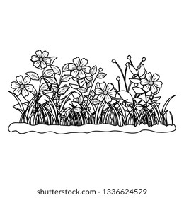 beautiful flowers with grass garden scene