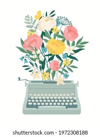 Beautiful flowers growing out from a vintage typewriter illustration. A concept of motivation and personal development to create with a slogan of DREAM, CREATE, SHARE. Vector illustration.