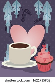 beautiful flowers with hearts and coffee vector illustration design