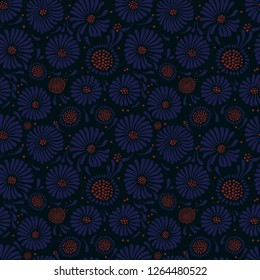 beautiful flowers and herbs, seamless vector pattern on a dark background