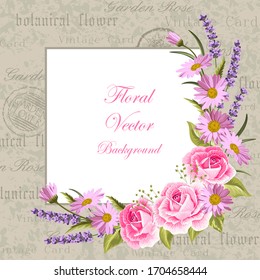 Beautiful flowers for invitation card. Vintage postcard background. Vector illustration.