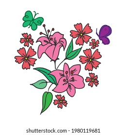 beautiful flowers with leaf and butterflies illustration on white background. hand drawn vector. floral icon. doodle art for wallpaper, label, cover, poster, banner, sticker, clipart, greeting, card. 