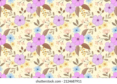 Hermosas flores y hojas sobre fondo amarillo sin fisuras para papel de tela textil.