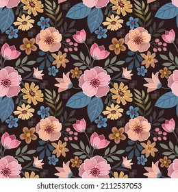 Beautiful flowers and leaf in vintage color on deep brown color background pattern.