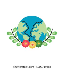 beautiful flowers and leafs crown in earth planet vector illustration design