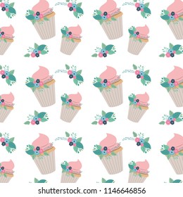 beautiful flowers and leafs with cupcake pattern