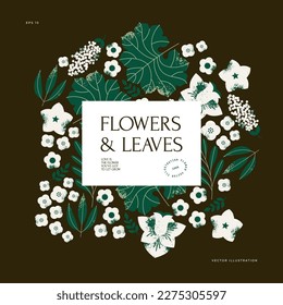 Beautiful flowers and leaves collection. White flowers on the dark background. Vector design template