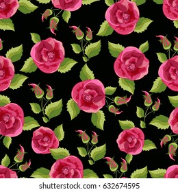 Beautiful flowers and leaves decorated seamless pattern background.