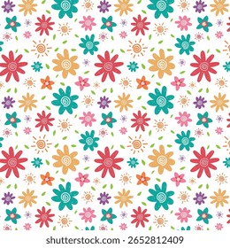 Beautiful flowers, leaves illustration pattern vector background. children's style. decorative colorful floral vector. Print on textile. Wrapping paper. wallpaper art.