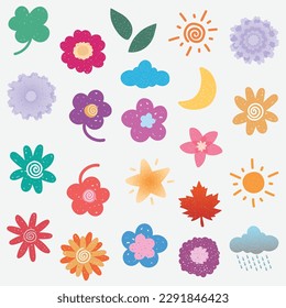 Hermosas flores, hojas, luna, sol, estrella, y la nube ilustran la decoración vectorial de png. estilo infantil. cliparte decorativo de flores vectoriales coloridas, hojas, luna, sol, estrella y nube