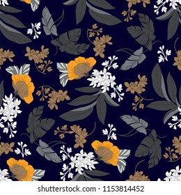 Beautiful flowers and leaves  pattern on dark background