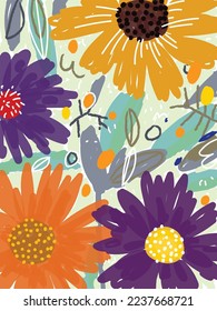 Beautiful flowers and leaves rough hand drawn botanical background vector illustration.