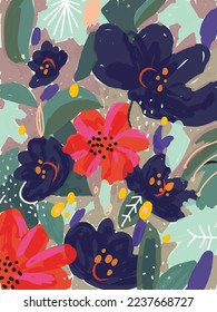 Beautiful flowers and leaves rough hand drawn botanical background vector illustration.