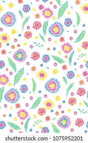 Beautiful flowers and leaves seamless pattern in retro style hand drawn. Spring summer season.Vector illustration. Embroidery design. Line art.