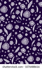 Beautiful flowers and leaves seamless pattern in retro style hand drawn. Spring summer season.Vector illustration. Embroidery design. Line art.