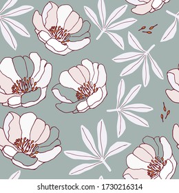 Beautiful flowers and leaves stylized hand-drawing. Vector pattern on a gray blue background. Seamless vector pattern.