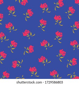 Beautiful flowers light pink repeat pattern. Beautiful pink flowers with leaves retro background. Elegant fabric on blue background Surface pattern design.