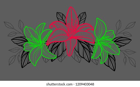 beautiful flowers lily frame , sketch graffity style. black contour isolated on white template mock up. decor element vector illustration