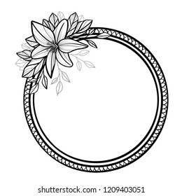 beautiful flowers lily frame , sketch graffity style. black contour isolated on white template mock up. decor element vector illustration