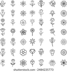 Beautiful Flowers line icons set. Blooming plants - rose, tulip, daisy bouquet, sunflower, lotus, chamomile, dandelion, chrysanthemum, lily vector illustration. Outline signs for floral shop.