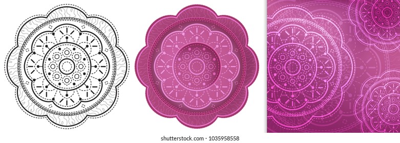 Beautiful flowers mandala with repeated elements for coloring book and colorful square template