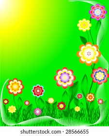 Beautiful flowers and meadow with sun. vector illustration