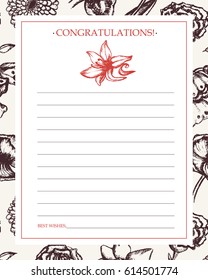 Beautiful Flowers - monochromatic vector hand drawn template card. Realistic rose, lily of the valley, tulip, daisy, iris, lily, chrysanthemum, carnation, poppy, narcissus.
